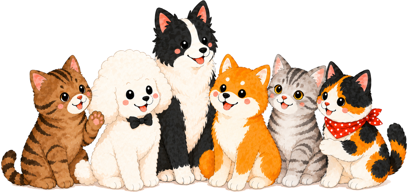 犬3匹＋猫3匹の集合イラスト